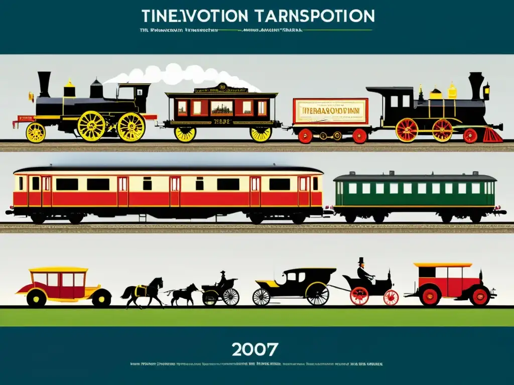 Evolución del transporte: timeline detallado Detallada evolución de medios transporte historia, desde carros de caballos hasta trenes modernos, en imagen de estilo histórico