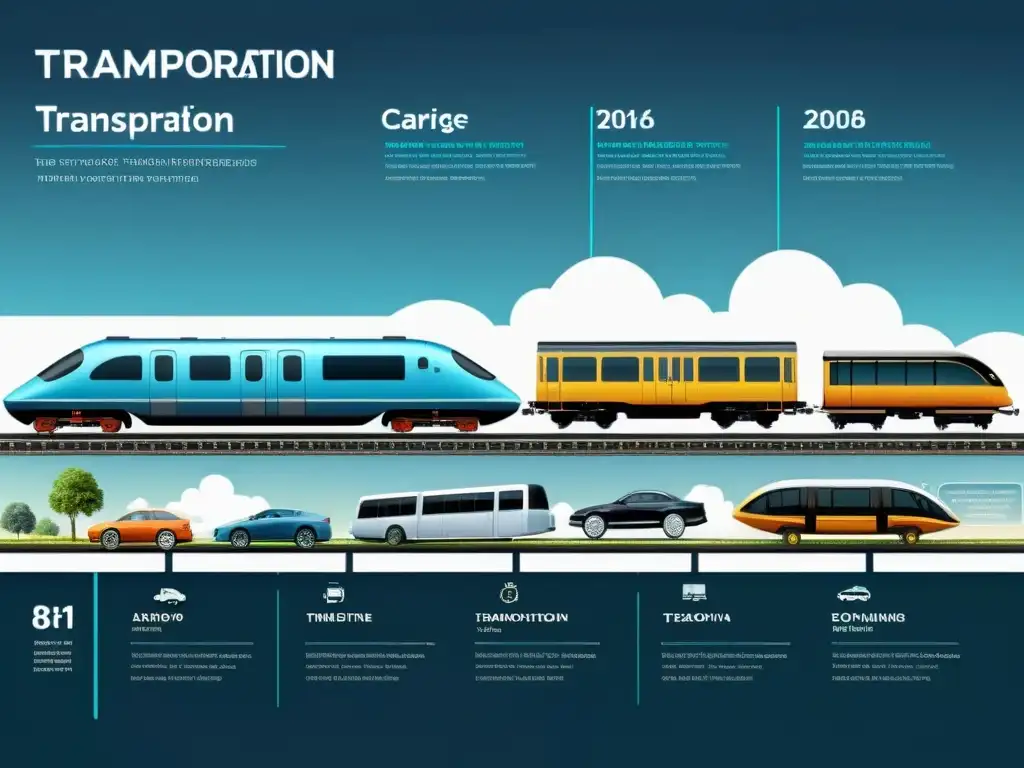 Detallada evolución de medios transporte, desde antiguos hasta modernos, con ilustraciones e innovaciones tecnológicas