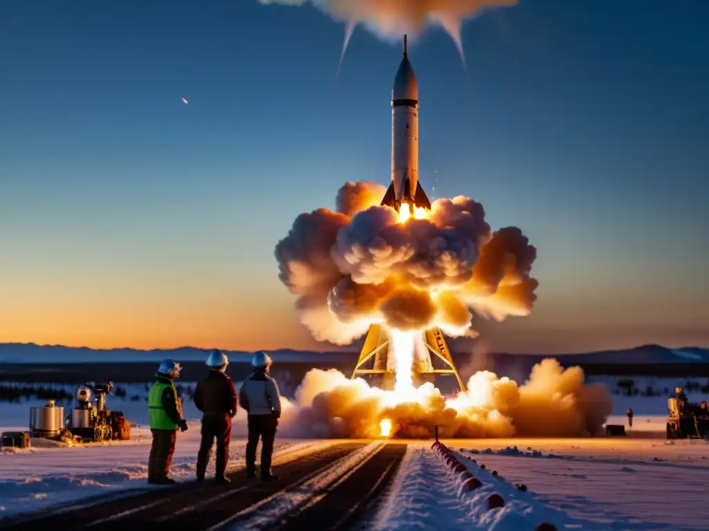 Fotografía detallada de prueba de motor de cohete con llamas intensas, humo y componentes metálicos brillantes