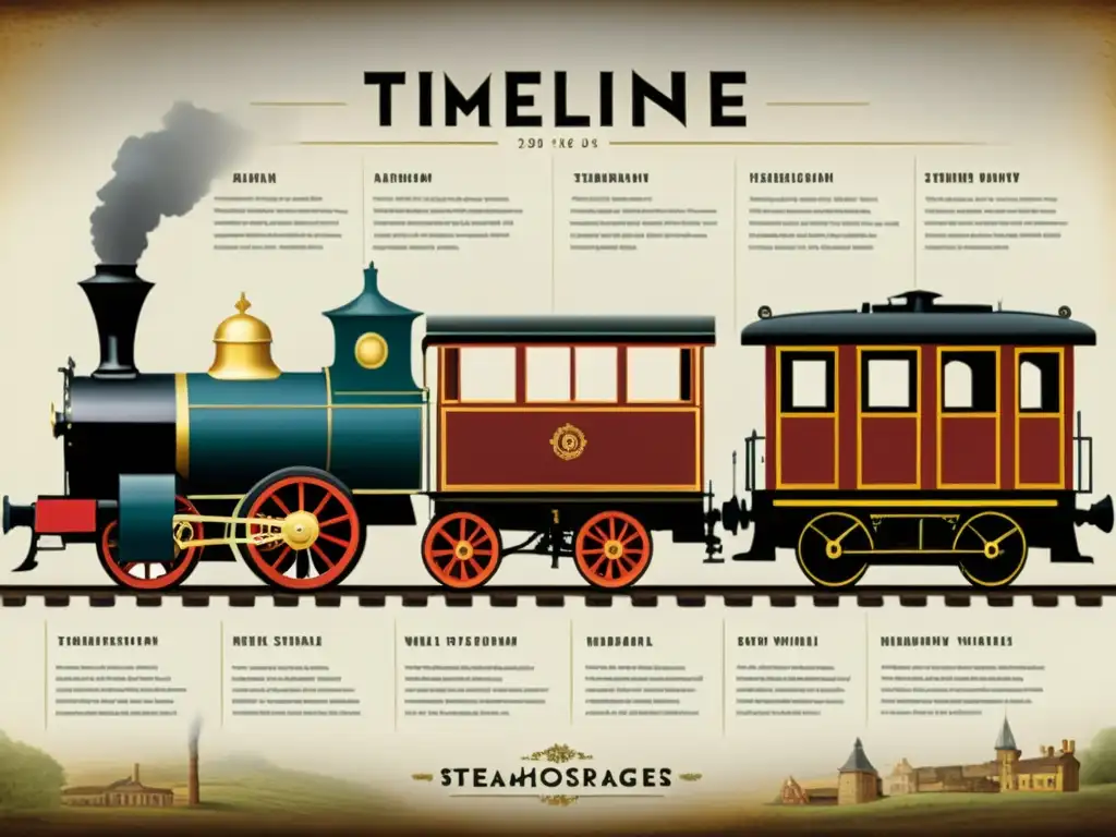 Detallada línea de tiempo de la evolución de los medios de transporte, desde carros antiguos hasta máquinas de vapor modernas