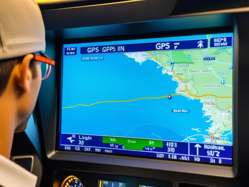 Detallada visual de sistema GPS avanzado para aviación en panel de control, resaltando precisión y tecnología de vanguardia