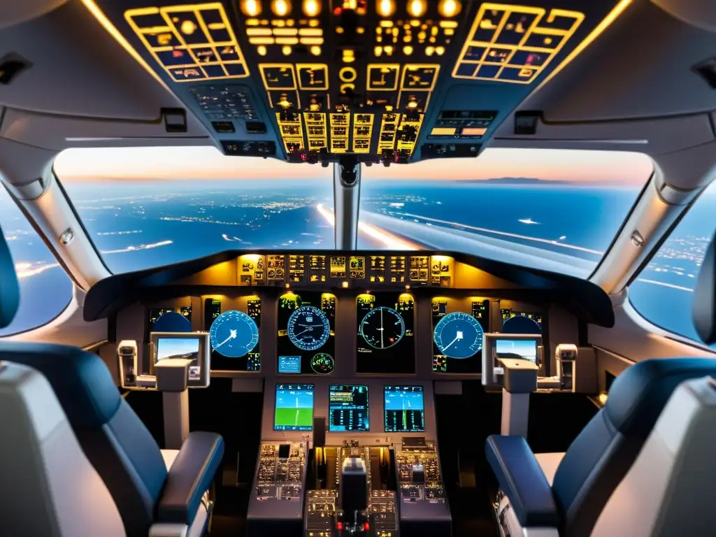 Detallado cockpit de avión comercial resaltando la tecnología y equipo para seguridad y navegación