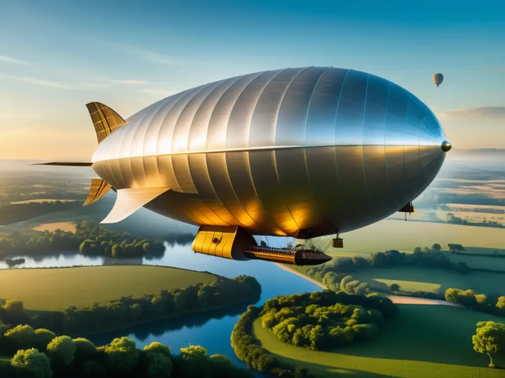 Detalle de la ilustración del Globo Aerostático, destacando su diseño intrincado y la historia de la navegación aérea en un paisaje matutino cálido