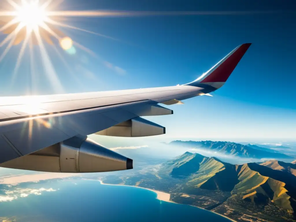 Detalle del ala de avión comercial con sombras dinámicas por la luz solar