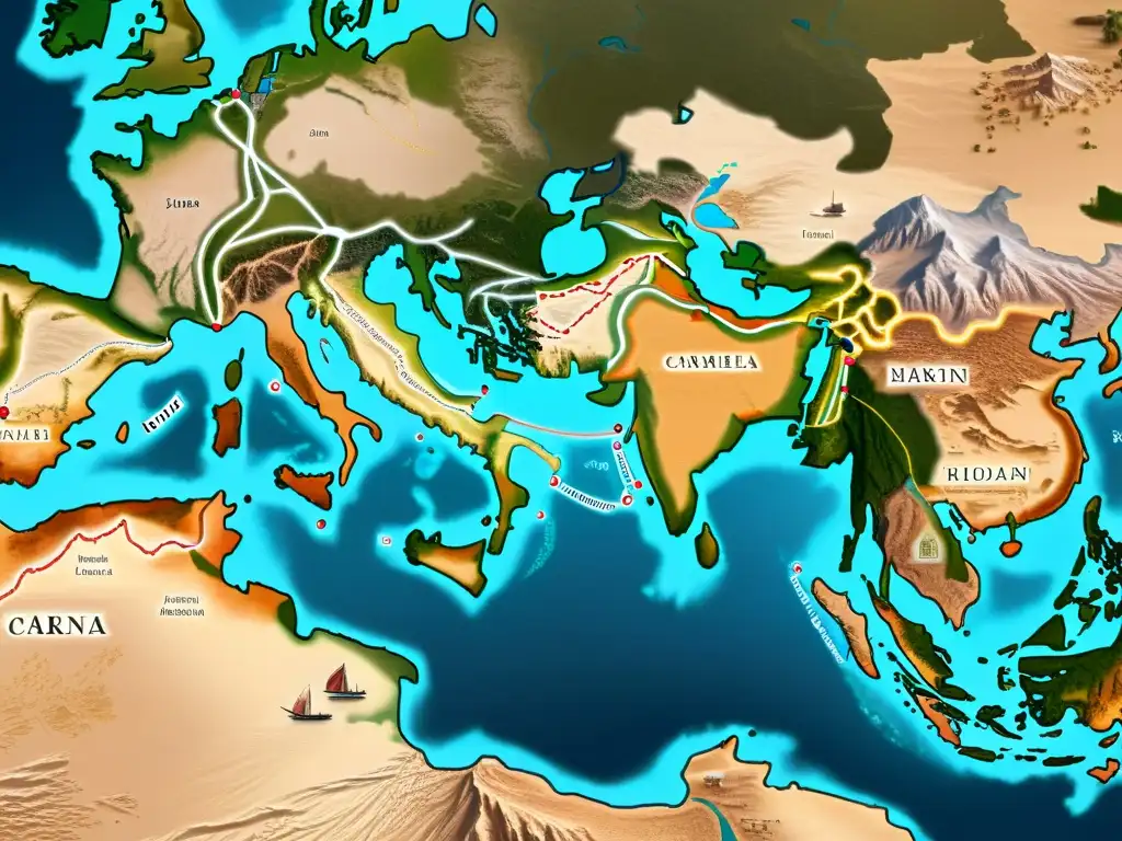 Detalle de antiguas rutas comerciales mostrando redes de caminos y conexiones entre civilizaciones