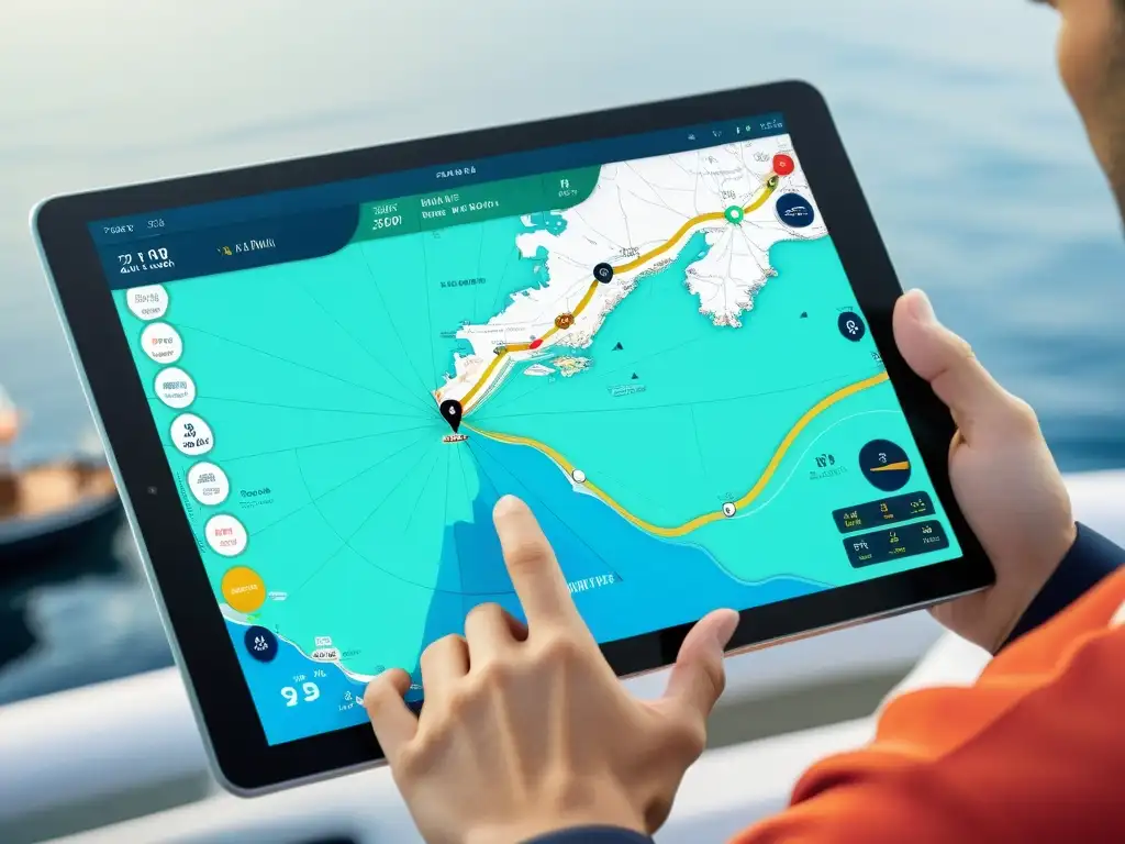 Detalle de una aplicación de navegación marítima moderna en tablet, con gráficos náuticos detallados y características avanzadas
