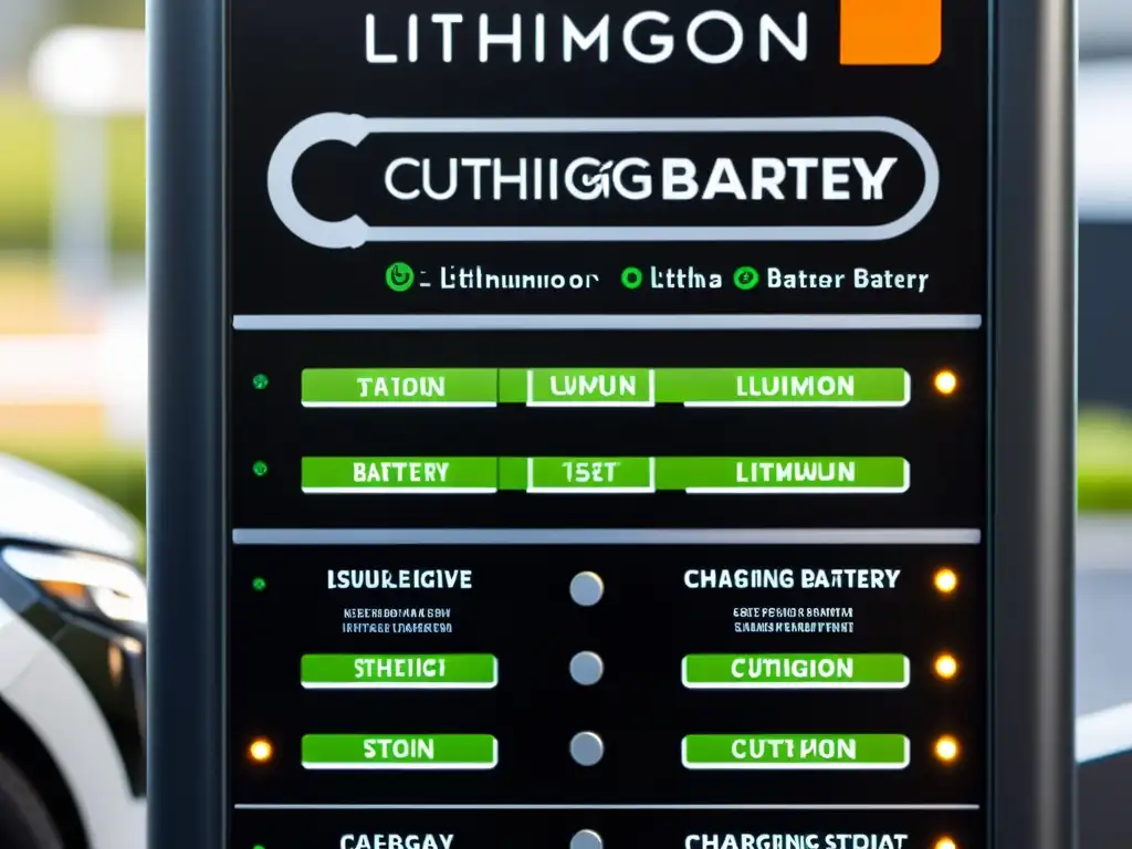 Detalle de baterías de iones de litio en estación de carga para vehículos eléctricos, integrando tecnologías avanzadas