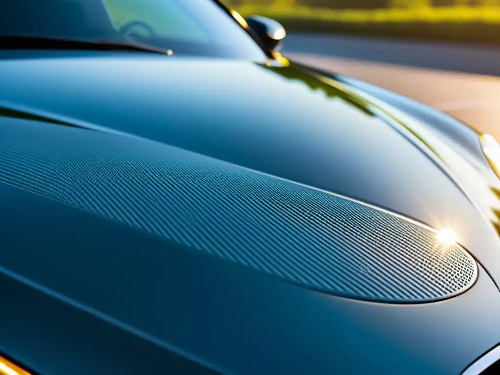 Detalle de un capó de coche con recubrimiento nanotecnológico, reflejando la luz con alta calidad y protección duradera para la pintura del coche