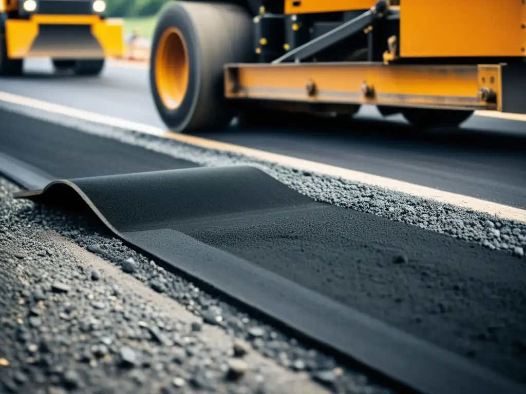 Detalle de construcción de carretera: maquinaria pesada colocando asfalto, efecto en ecosistemas