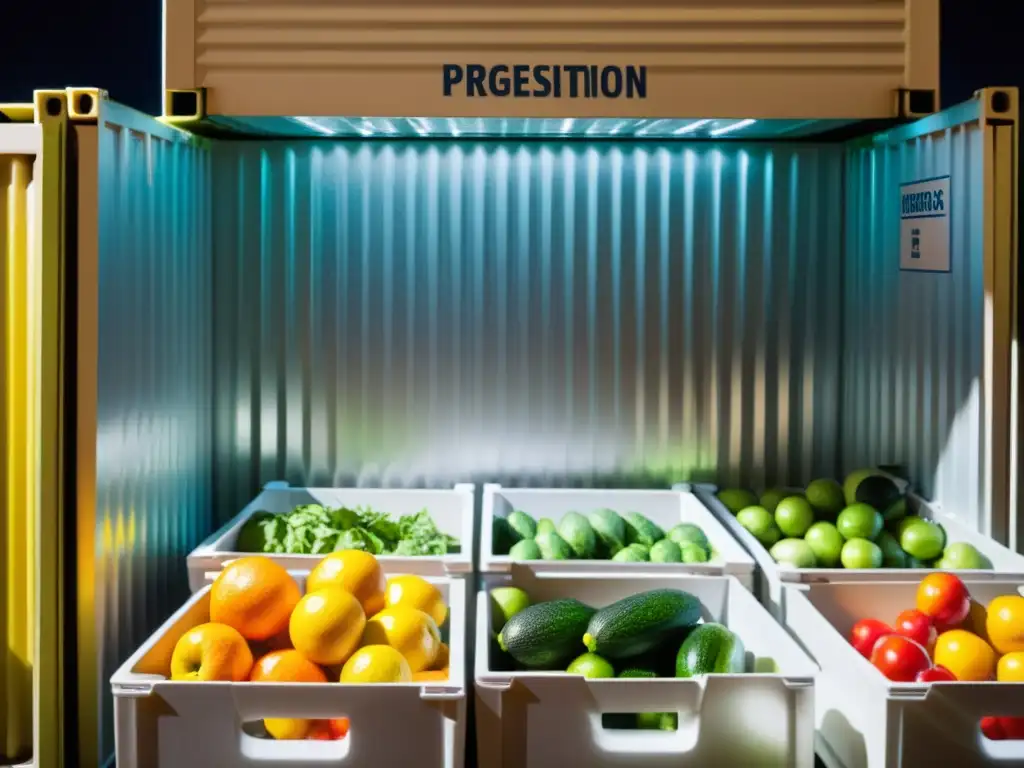 Detalle de contenedor refrigerado con productos frescos, trabajadores cargando