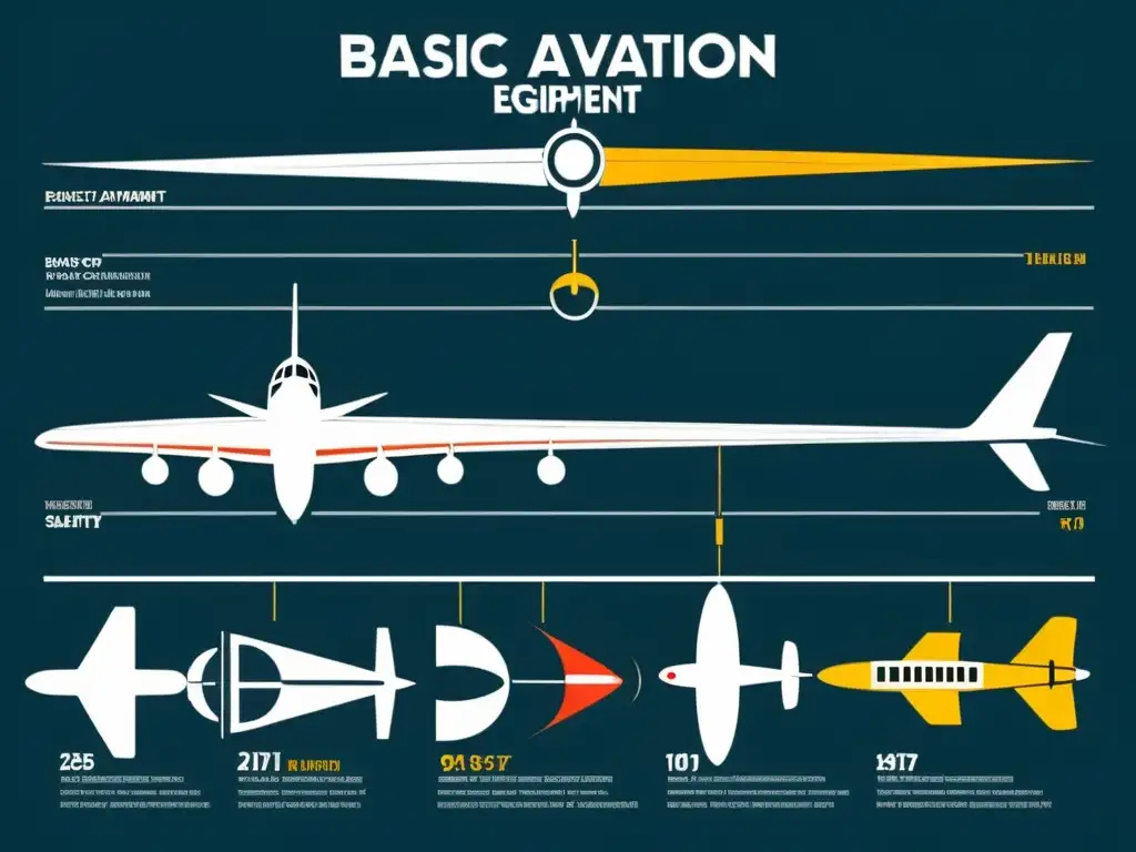 Detalle de la evolución del equipamiento básico de aviación, desde sus inicios hasta la era moderna, con instrumentos, herramientas de navegación, dispositivos de comunicación y equipo de seguridad