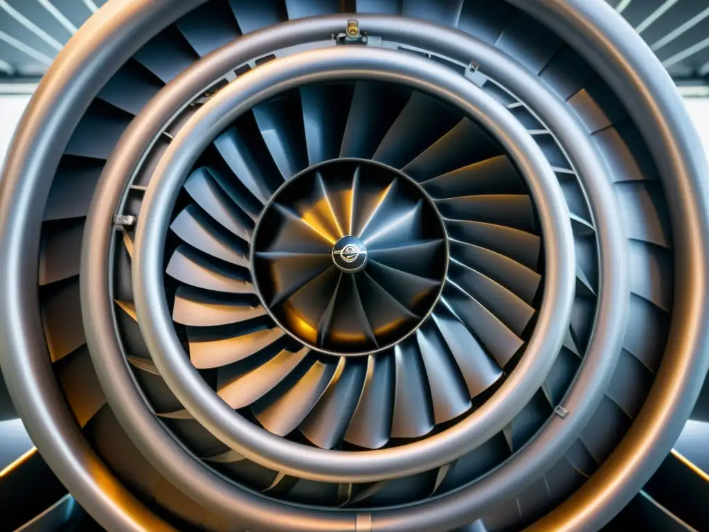 Motor de avión de alta tecnología: detalles precisos y futuristas Detalle frontal de un motor aéreo moderno de alta tecnología, resaltando su precisión y desarrollo tecnológico
