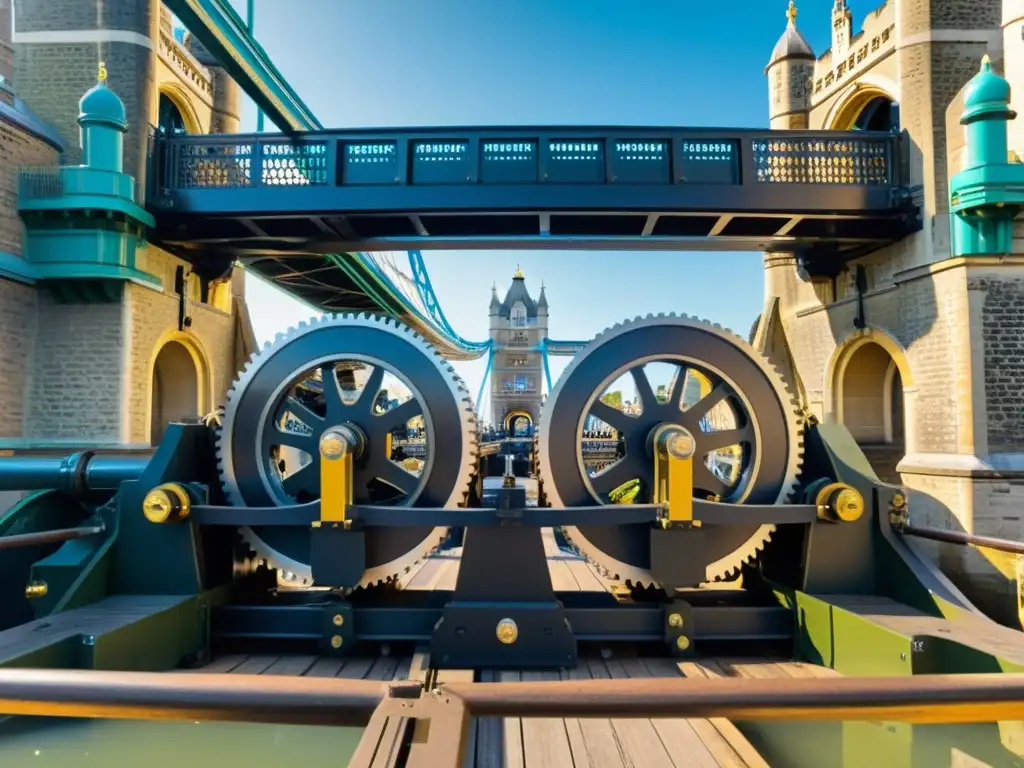 Detalle de la historia y mecánica del Puente de la Torre de Londres con ingenieros inspeccionando los engranajes y poleas