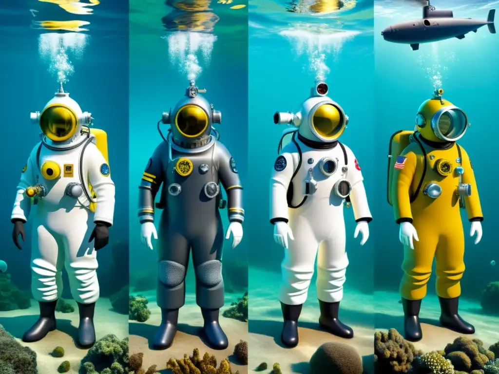 Detalle ilustrativo de la evolución de la exploración submarina, desde antiguos trajes de buceo hasta modernos submarinos nucleares