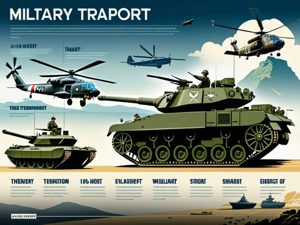 Detalle impresionante del desarrollo de medios de transporte bélico a lo largo de la historia, con ilustraciones detalladas y avances clave destacados