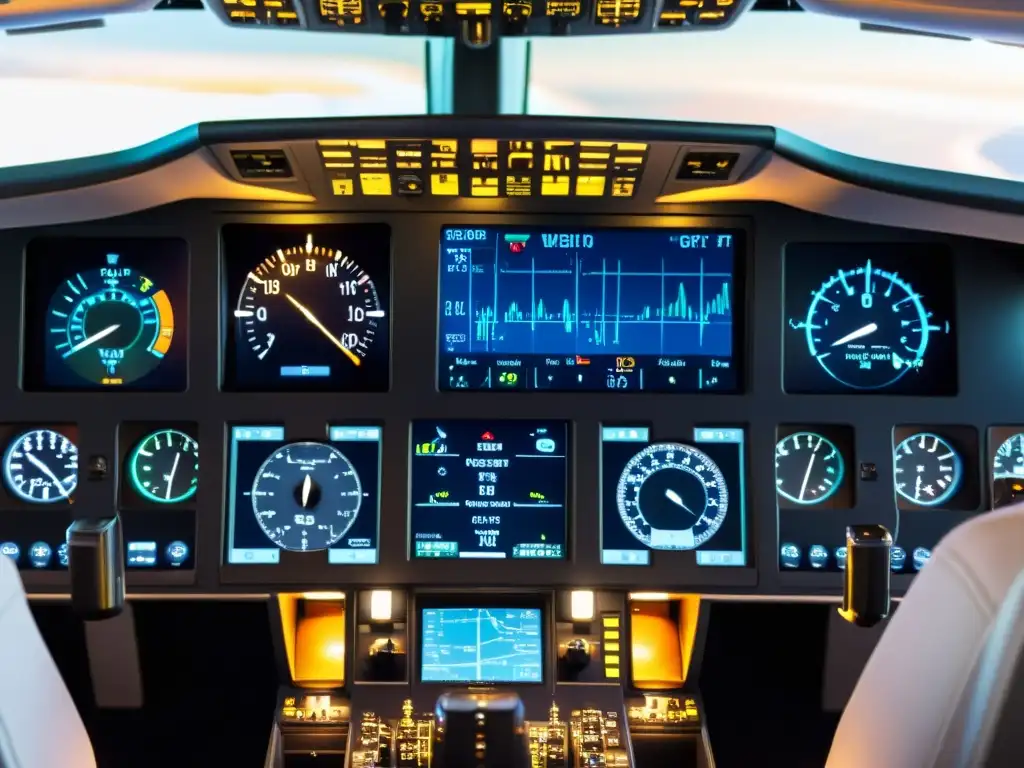 Detalle de instrumentos de medición en aviación moderna en la cabina de un avión comercial, con iluminación ambiental suave y reflejos en las ventanas del cockpit