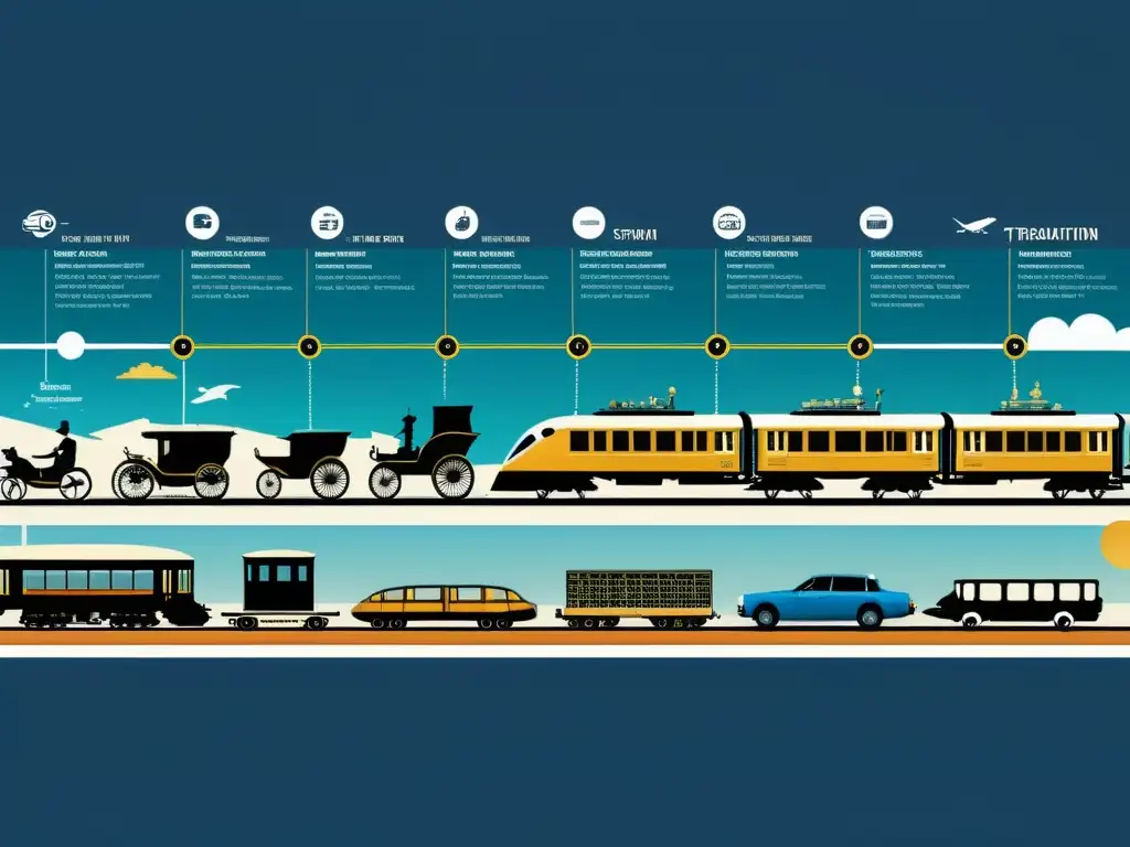 Detalle de la evolución de medios de transporte, desde carros antiguos hasta hyperloops, ilustrado con precisión en un estilo documental