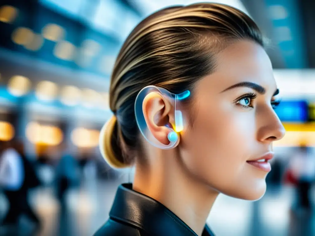 Earplugs tecnológicos: innovación en viajes Detalle de modernos tapones de oído tecnológicos en aeropuerto