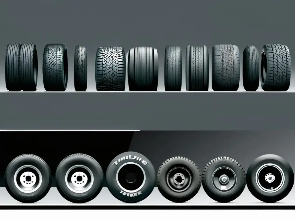 Detalle de la evolución de neumáticos a lo largo de décadas, mostrando prototipos históricos y tecnología moderna en la fabricación de neumáticos