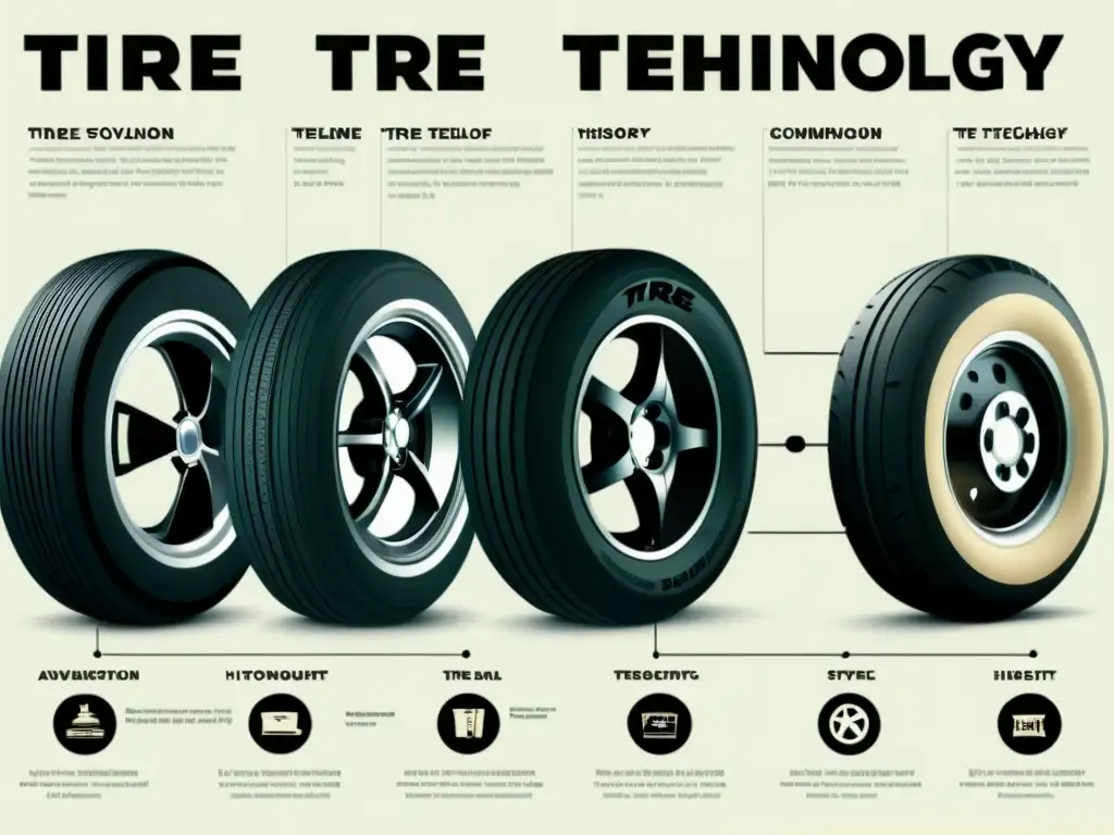 Detalle de la evolución de neumáticos a lo largo de la historia, desde ruedas de madera y metal hasta compuestos modernos, en un diseño documental informativo