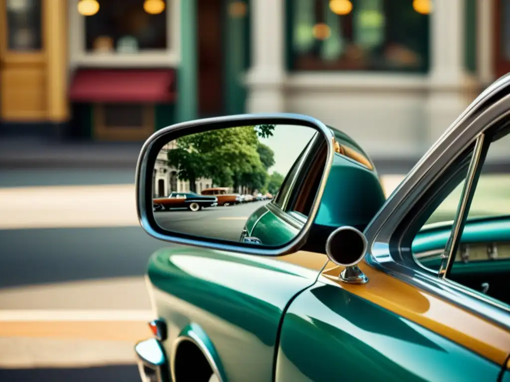 Detalle nostálgico del espejo retrovisor de un coche vintage, reflejando la historia y el diseño retro