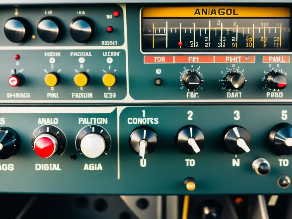 Detalle de un panel de control de avión análogo con desgaste y elementos mecánicos, evocando la evolución a controles de vuelo digitales