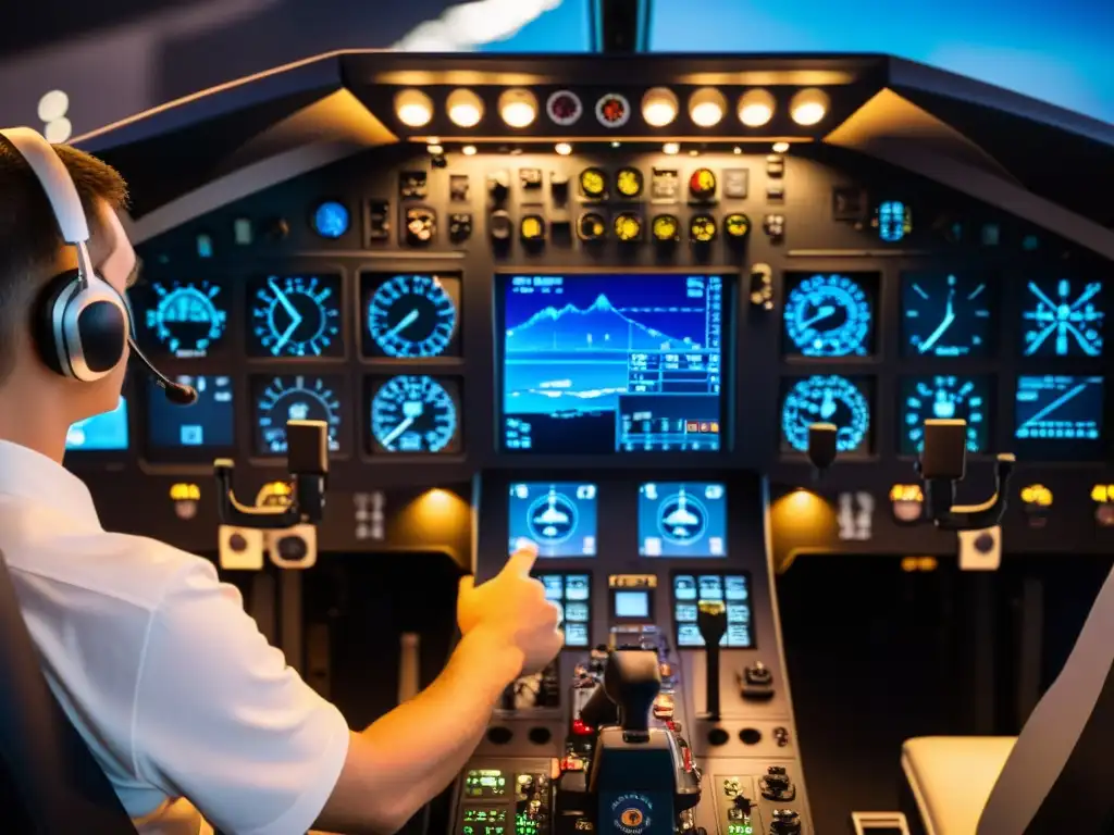 Detalle del panel de control de un simulador de vuelo, mostrando tecnología avanzada y precisión en herramientas de aviación