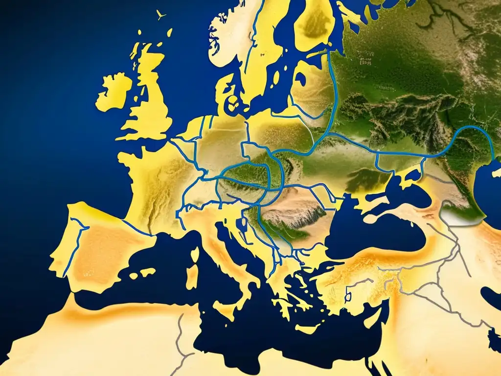 Detalle de las rutas comerciales romanas en Europa, con antiguas calzadas y ciudades clave, iluminadas por la cálida luz del atardecer