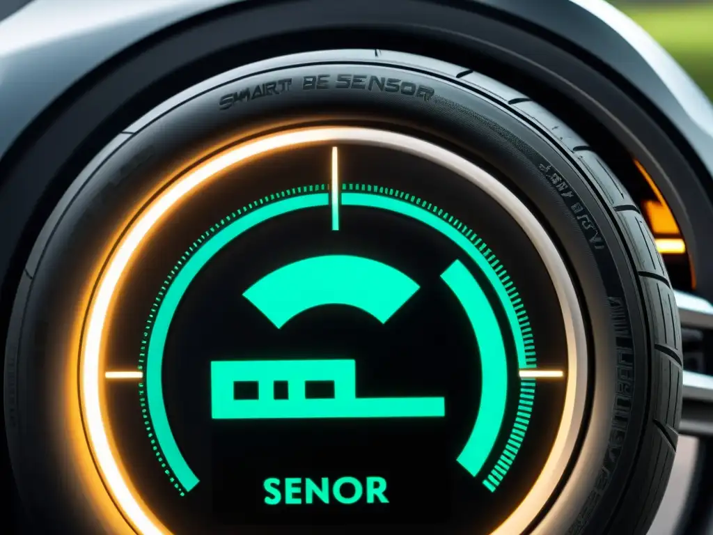 Detalle de sensor de neumático inteligente transmitiendo datos a tablero digital, destacando monitoreo y adaptación en neumáticos inteligentes