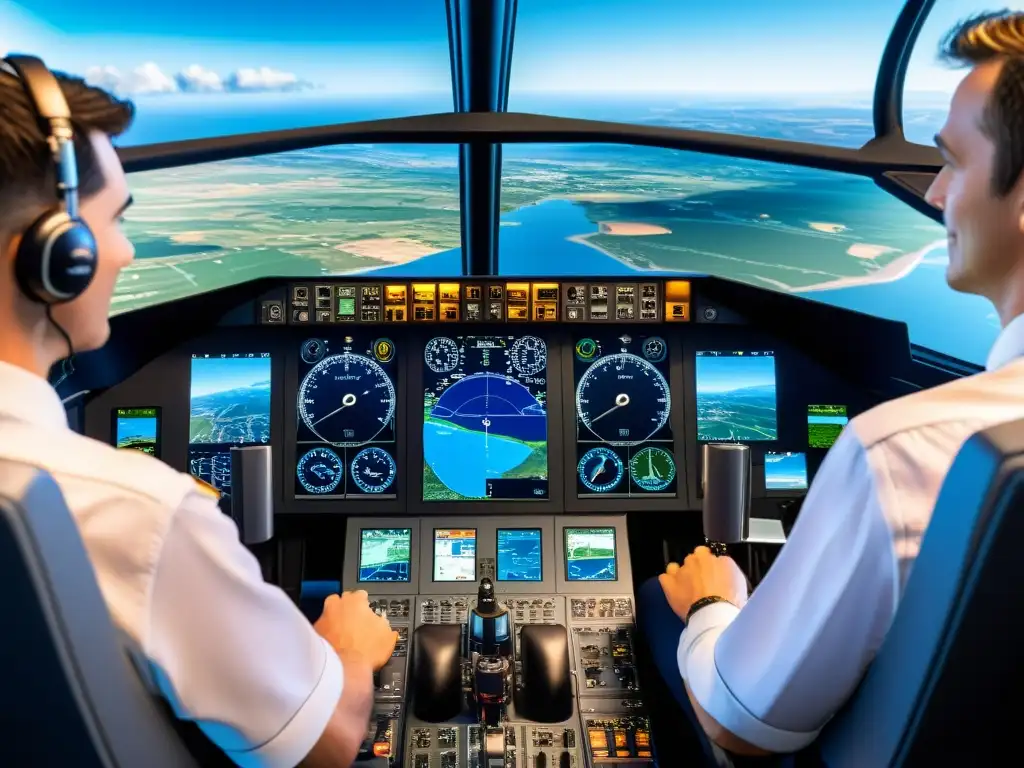 Detalle de simulador de vuelo para pilotos: paneles de control, instrumentos realistas y sistema visual inmersivo