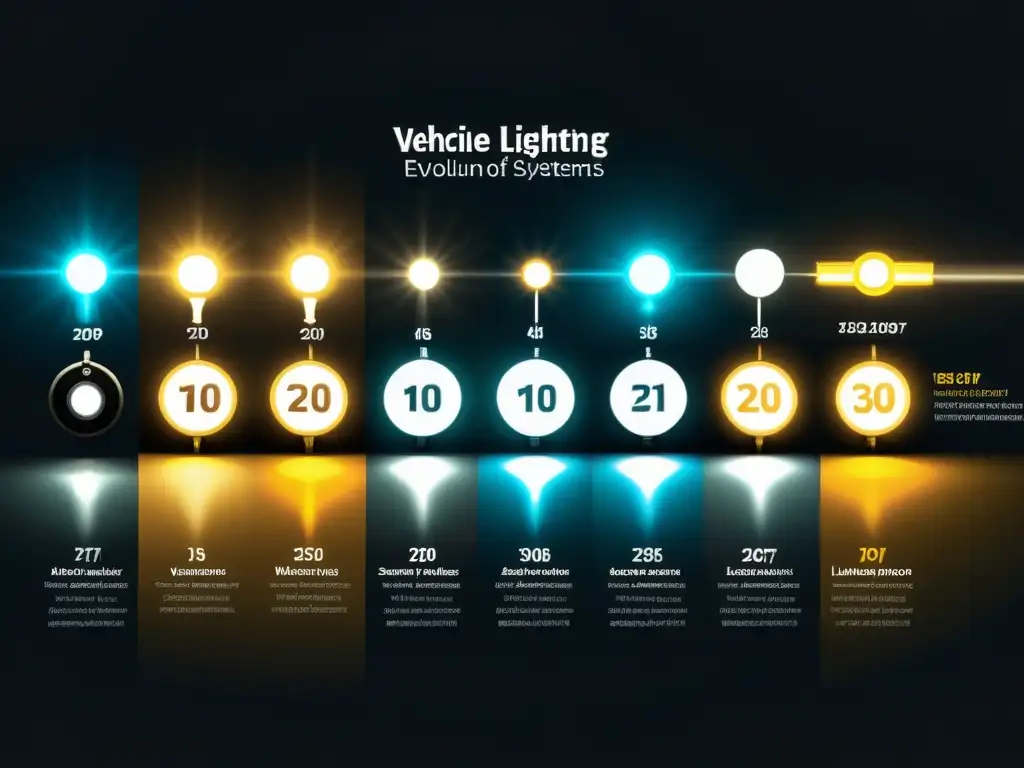 Detalle de evolución de sistemas de iluminación avanzados vehículos, desde lámparas de gas hasta tecnologías LED y adaptativas