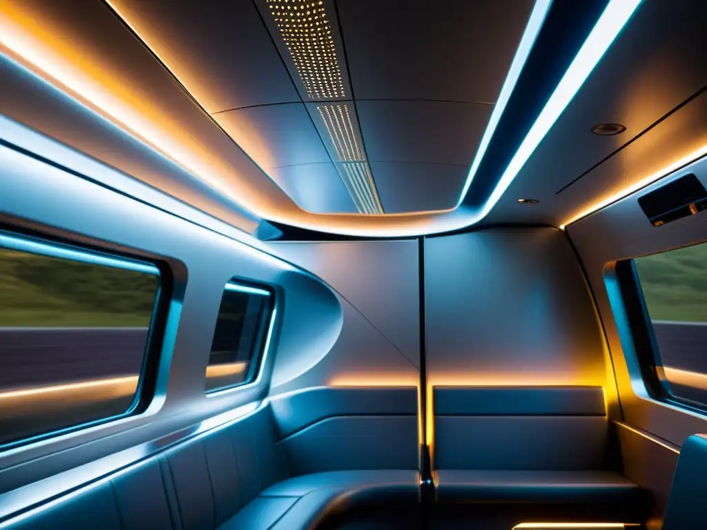 Detalle de iluminación sostenible en tren de alta velocidad, con diseño moderno y eficiente, creando un ambiente acogedor y futurista