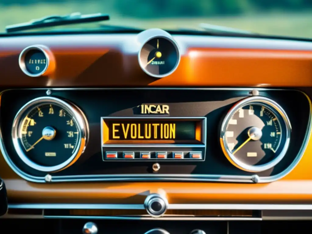 Tablero vintage de coche: historia del audio en carros Detalle de un tablero de coche vintage con sistema de audio analógico