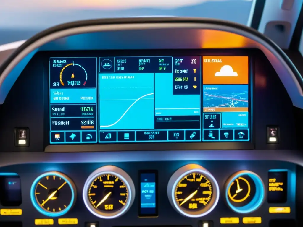 Detalle de la tecnología de cabina para pilotos modernos: panel de control digital con diseño futurista e iluminación ambiental