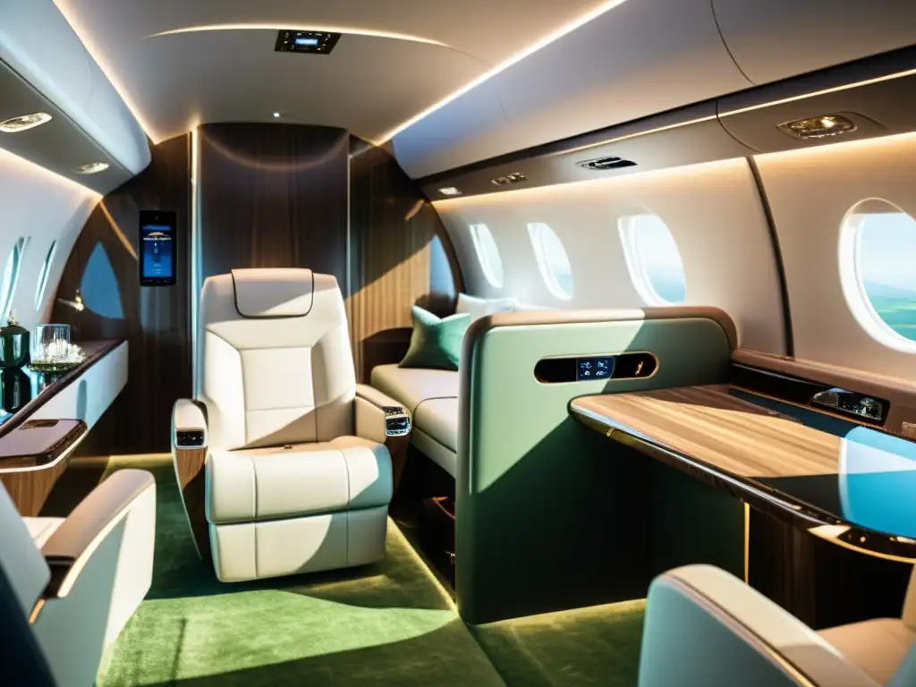 Detalle de tecnología verde en la personalización de jets privados, lujo sostenible en el diseño interior