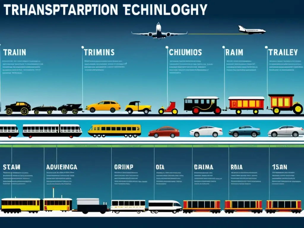 Detalle de la evolución tecnológica del transporte a lo largo de la historia, desde carros antiguos hasta vehículos autónomos modernos