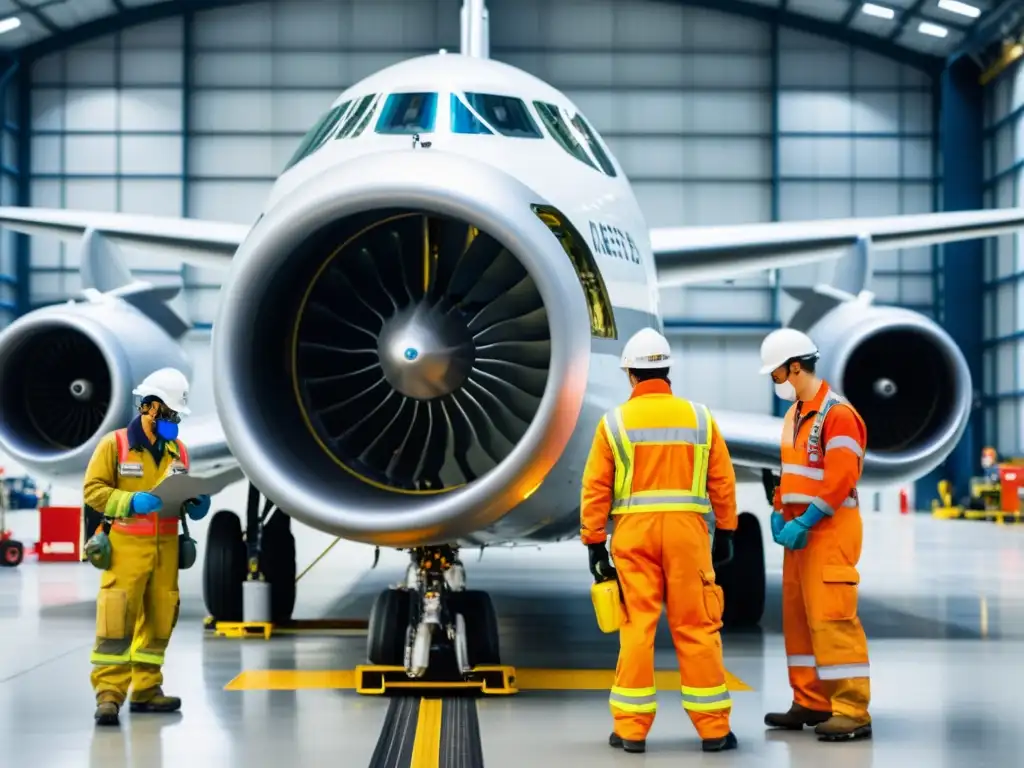 Detalle de trabajadores con equipamiento protección personal en mantenimiento de motor aeronáutico en hangar iluminado