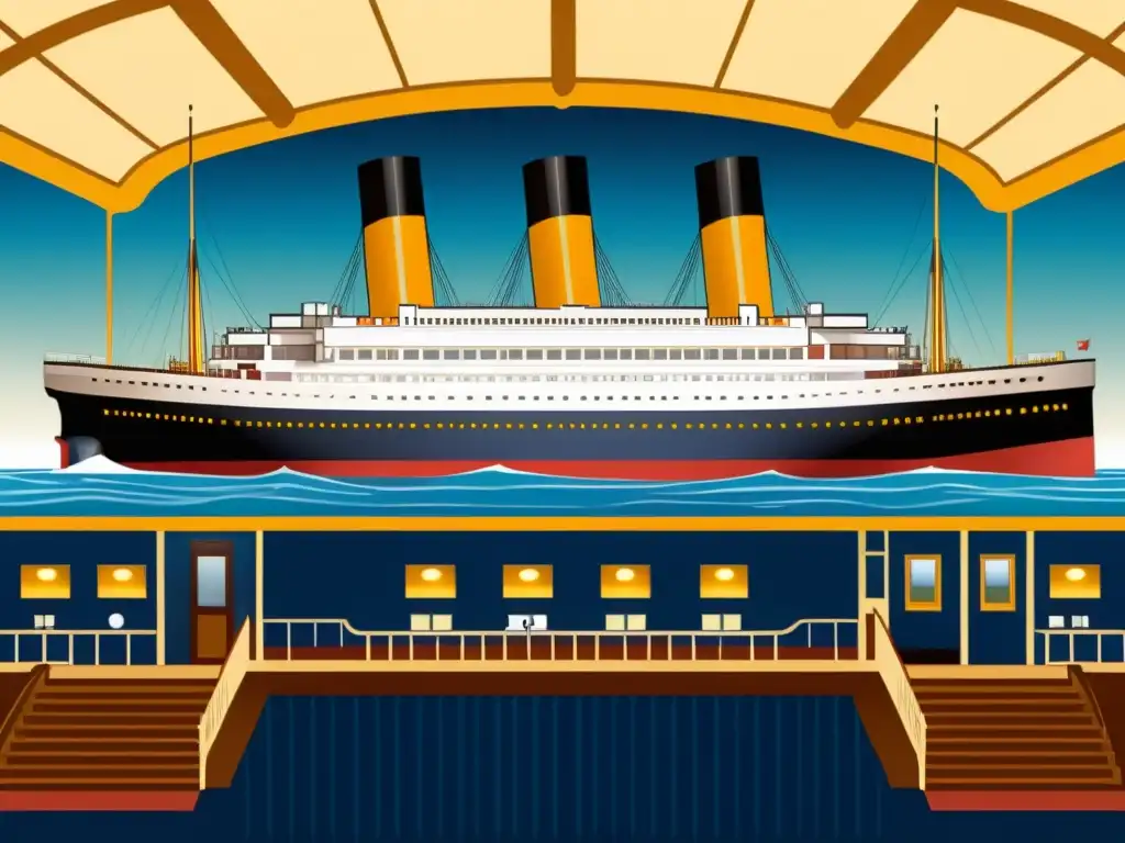 Detalle de la ingeniería y tragedia marítima del Titanic: ilustración de la sección transversal que revela el diseño y la maquinaria del lujoso barco