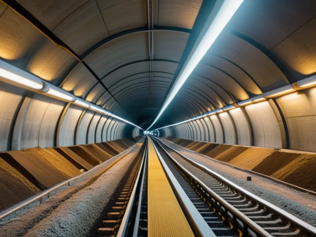 Detalle de túneles de transporte subterráneo con impacto de contaminación, resaltando la complejidad del subsuelo urbano