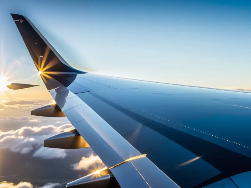 Detalle ultradetallado del ala de avión, resaltando su aerodinámica y diseño de vuelo con juego de luces y sombras