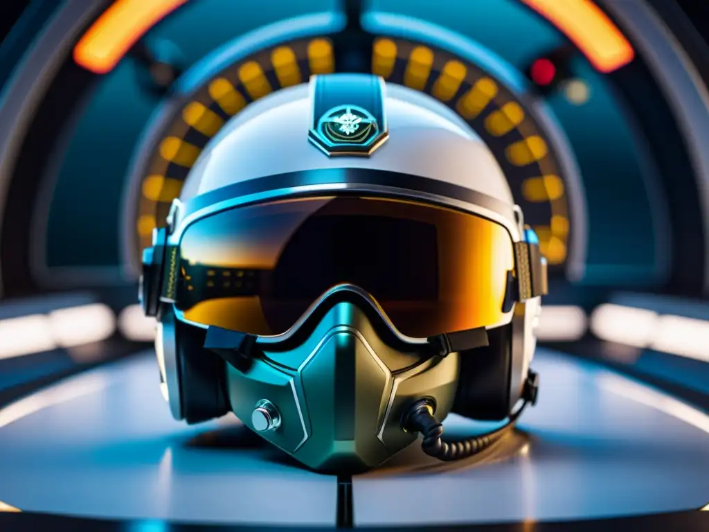 Detalle ultradetallado de un moderno casco de piloto en un futurista cockpit, transmitiendo innovación en equipamiento de seguridad para pilotos