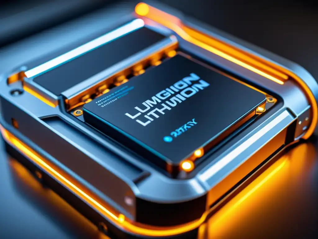 Avanzada batería de litio para vehículos eléctricos Detalle de vanguardia en batería de iones de litio para vehículos eléctricos, mostrando innovación tecnológica y complejidad científica