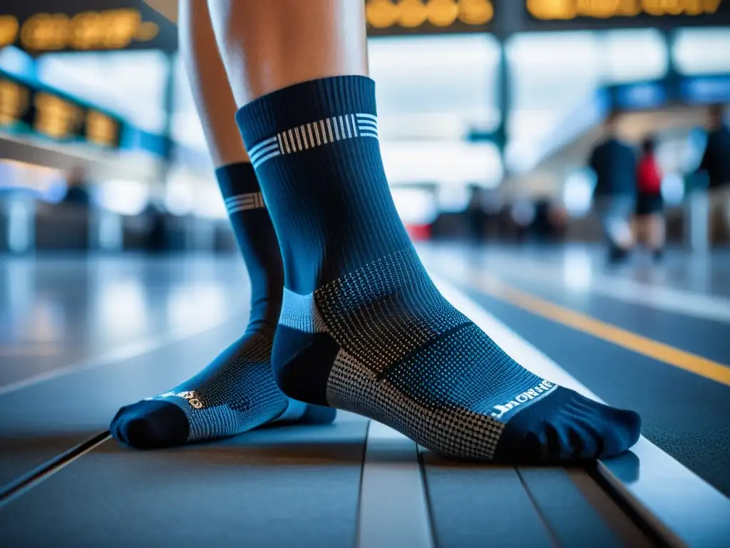 Detalles de calcetines inteligentes para viajeros y tecnología wearable en aeropuerto, evocando aventura e innovación