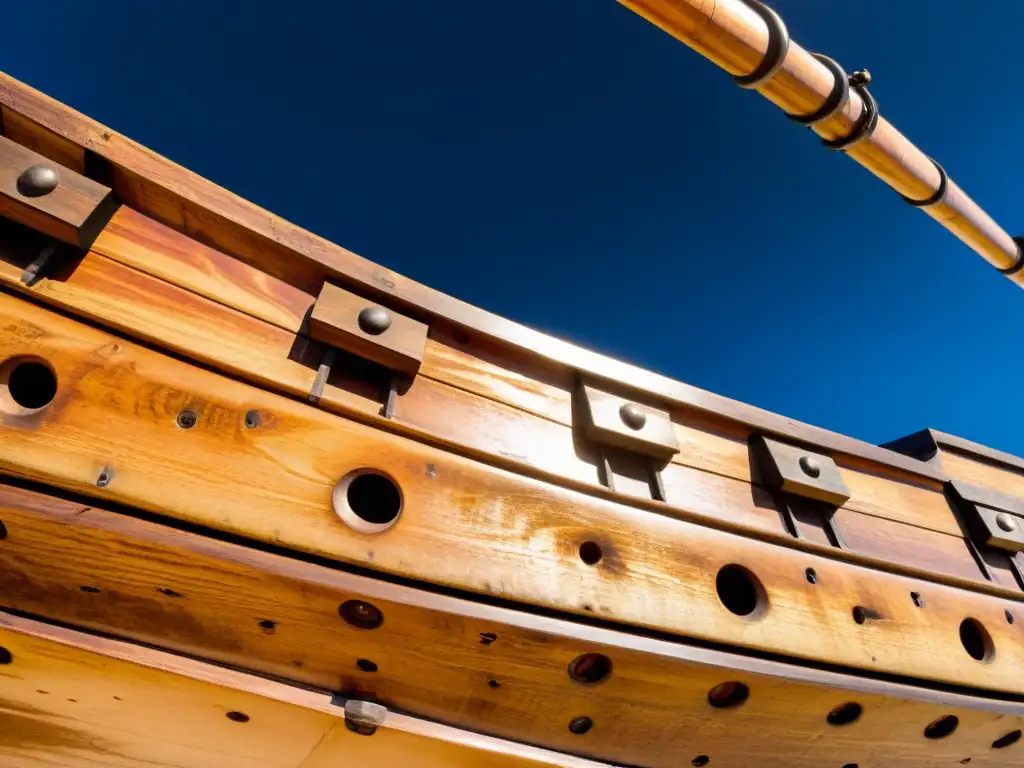 Detalles intrincados del casco de madera envejecida del HMS Victory evocan su historia naval y evolución a lo largo del tiempo