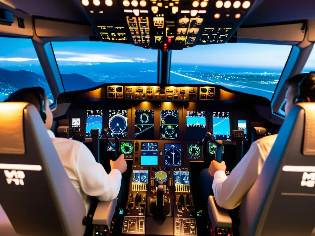 Detalles del panel de control del simulador de vuelo para pilotos, con iluminación cálida y tecnología avanzada