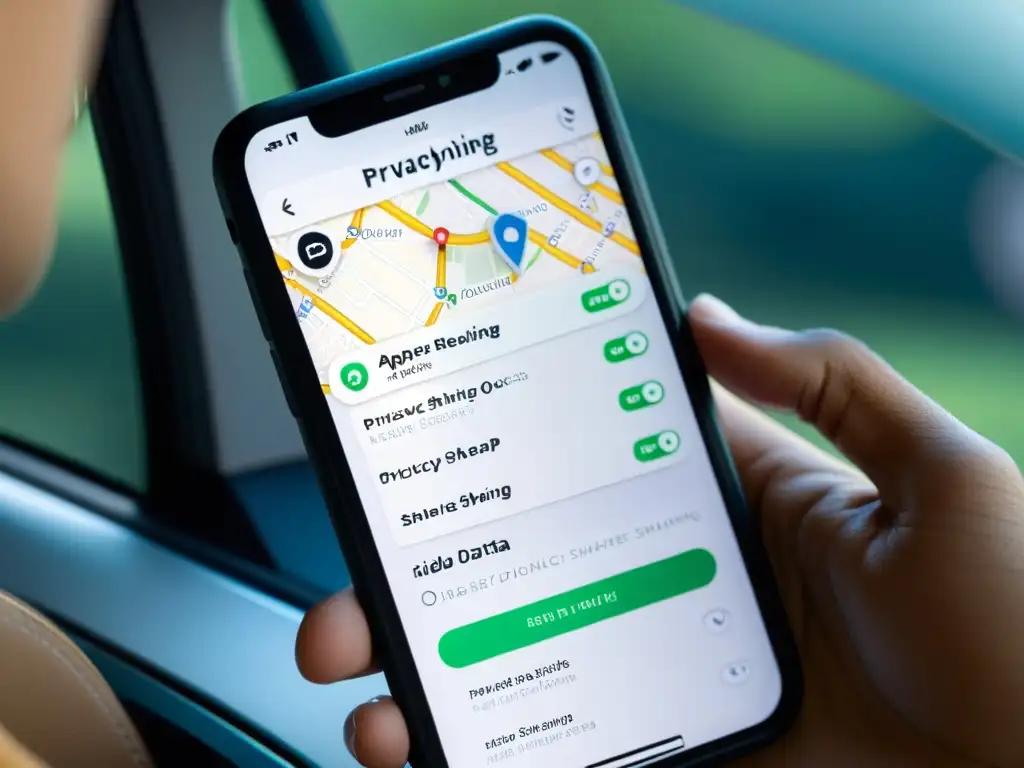 Detalles de seguridad y privacidad en la app de ride sharing, mostrando opciones de protección de datos y configuración de privacidad