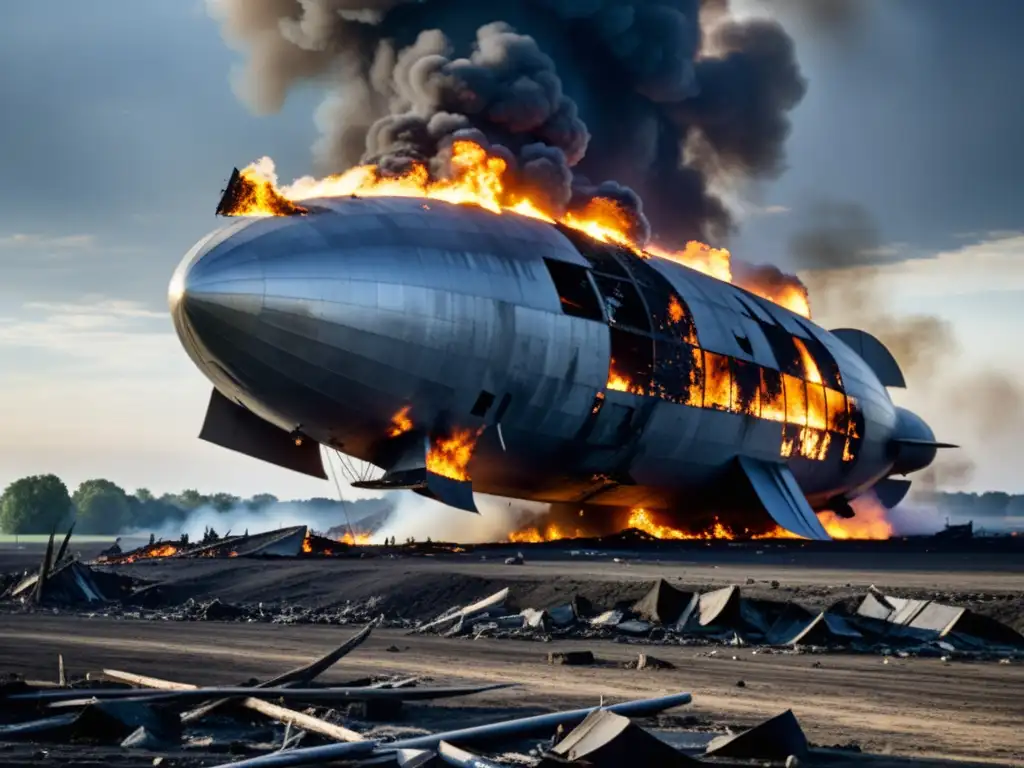 Devastador impacto ambiental del vuelo Hindenburg: restos carbonizados del dirigible y un paisaje de destrucción