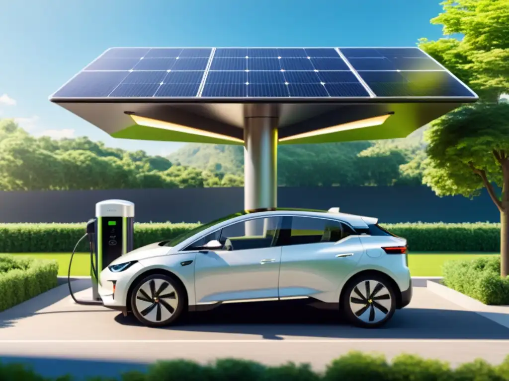 Un día soleado, un auto eléctrico se carga en una estación solar rodeada de vegetación