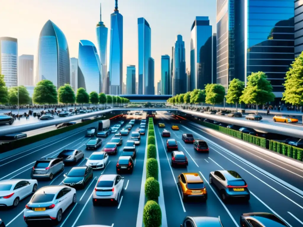 Un día soleado en la ciudad, con soluciones inteligentes para estacionamiento urbano integradas en un paisaje urbano futurista y tradicional