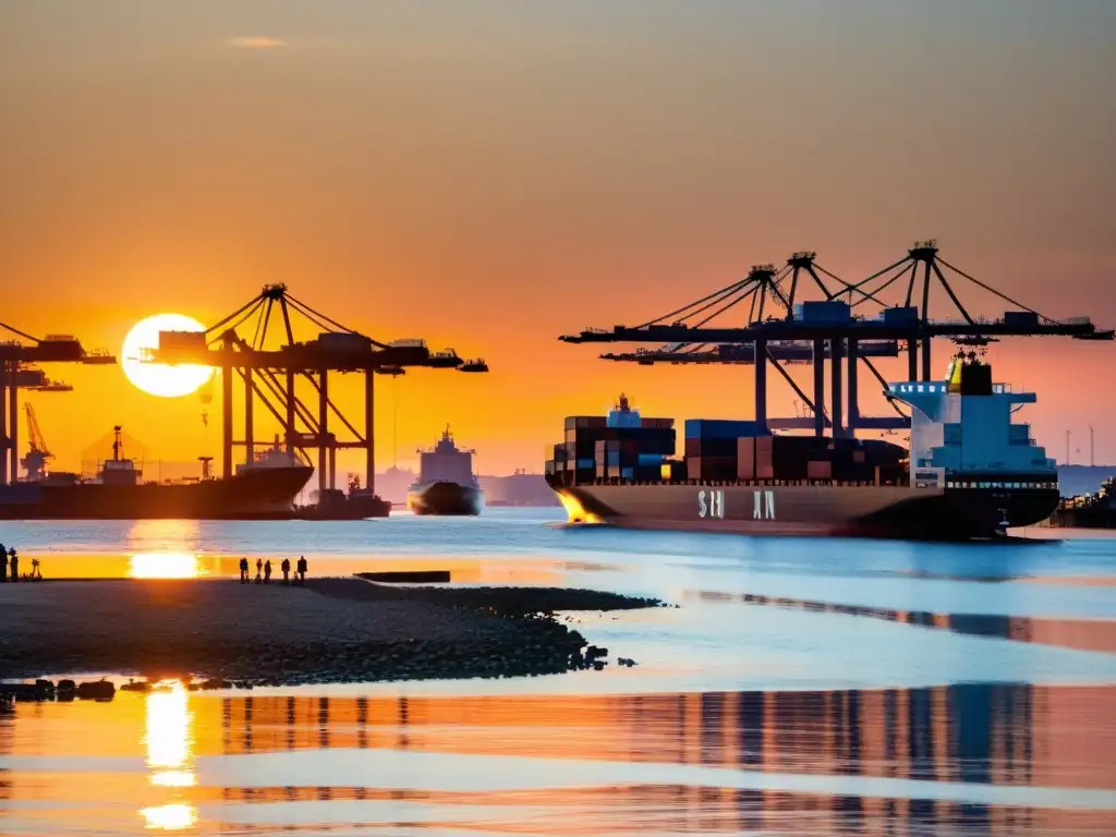 Transformación digital en el transporte marítimo: Puerto bullicioso al atardecer, reflejando el sol en el agua tranquila